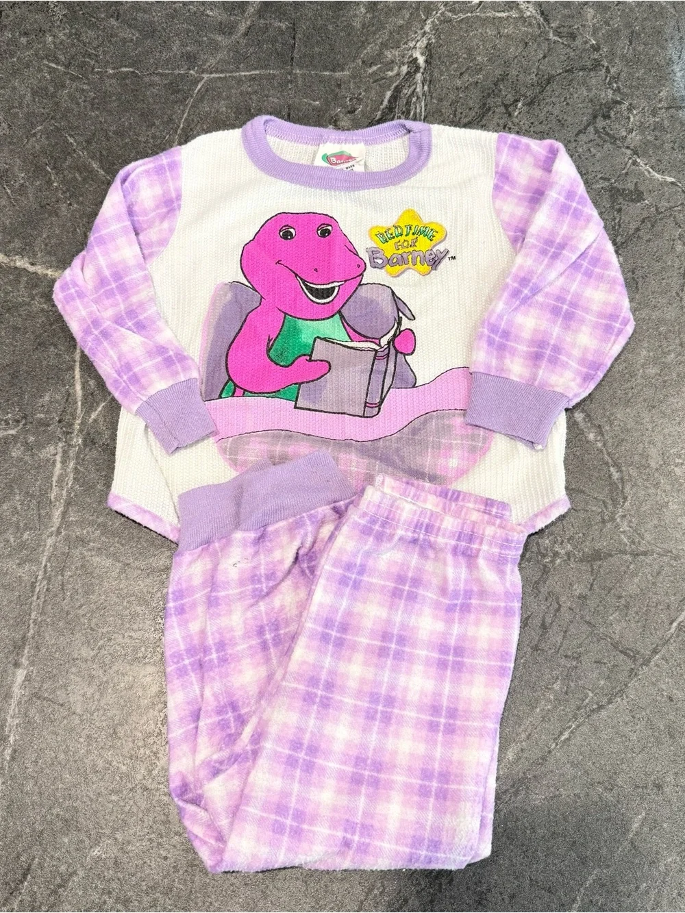 Vintage Barney pajama set girls 3T Bedtime pjs 90s purple plaid